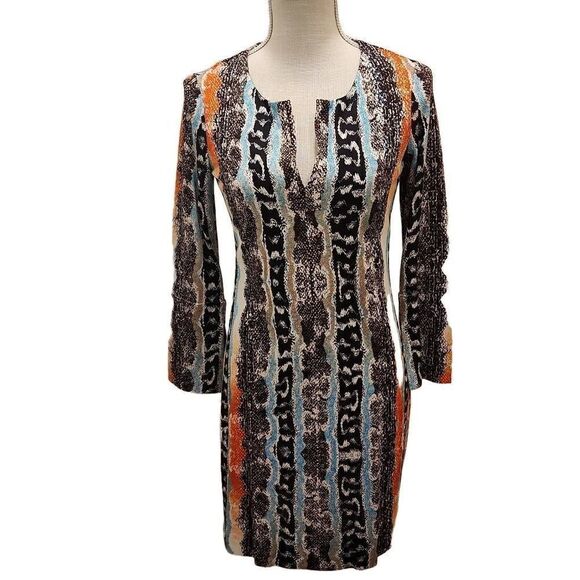 Diane von Furstenberg Multicolor 3/4 Sleeve Split Neck Mini Dress Size 2